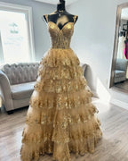 RFYR Puffy Gold Evening Dress Off  Shoulder Vestidos De Noche Sweetheart Layered Prom Dress Appliques Party Dress Customized - Matrix Studios