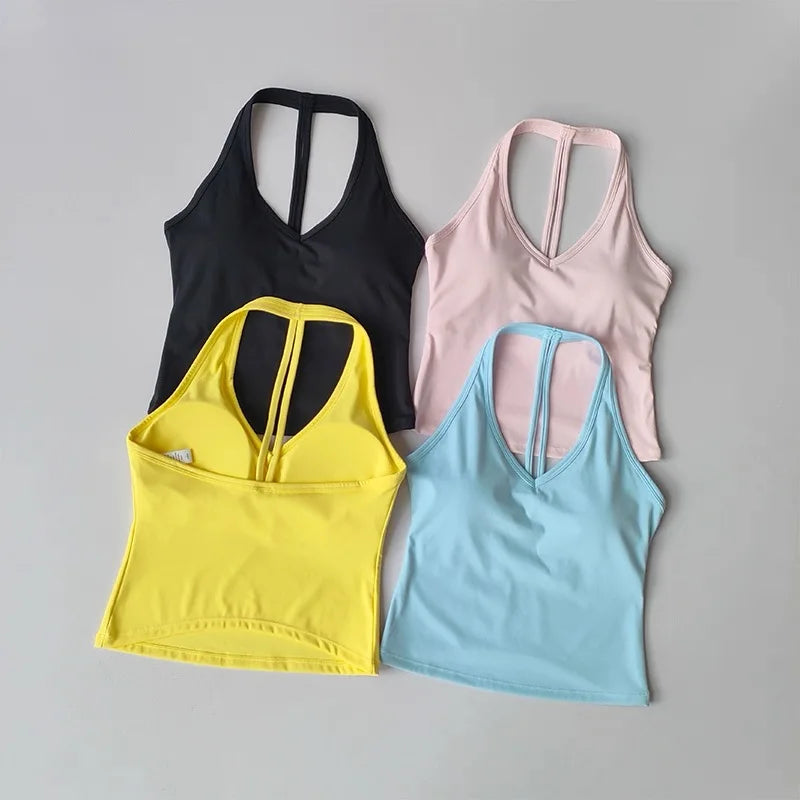 Women's Sexy V-Neck Fitness Bra Nude Sports Bra Hanging Neck Yoga Suit Vest Comfortable Breathable Gym Top for Active Wear - Matrix Studios