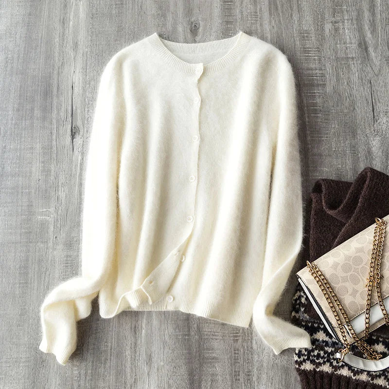 Brushed Wool Cashmere Warm Cardigan Women, O-Neck Seamless Soft Sweater - Matrix Studios