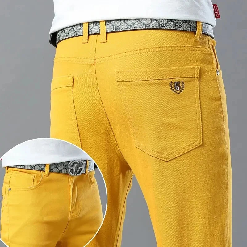 Men's Colorful Denim Stretch Stretch Jeans New Elastic Yellow Pink Red Slim Male Clothing Simple Business Denim Trousers - Matrix Studios