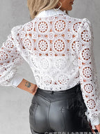 Lace Blouses For Women Elegant Office White Shirt Long Sleeve Button Turn-down Collar Sexy Hollow Tops Fashion Women's Clothing - Matrix-studios.com