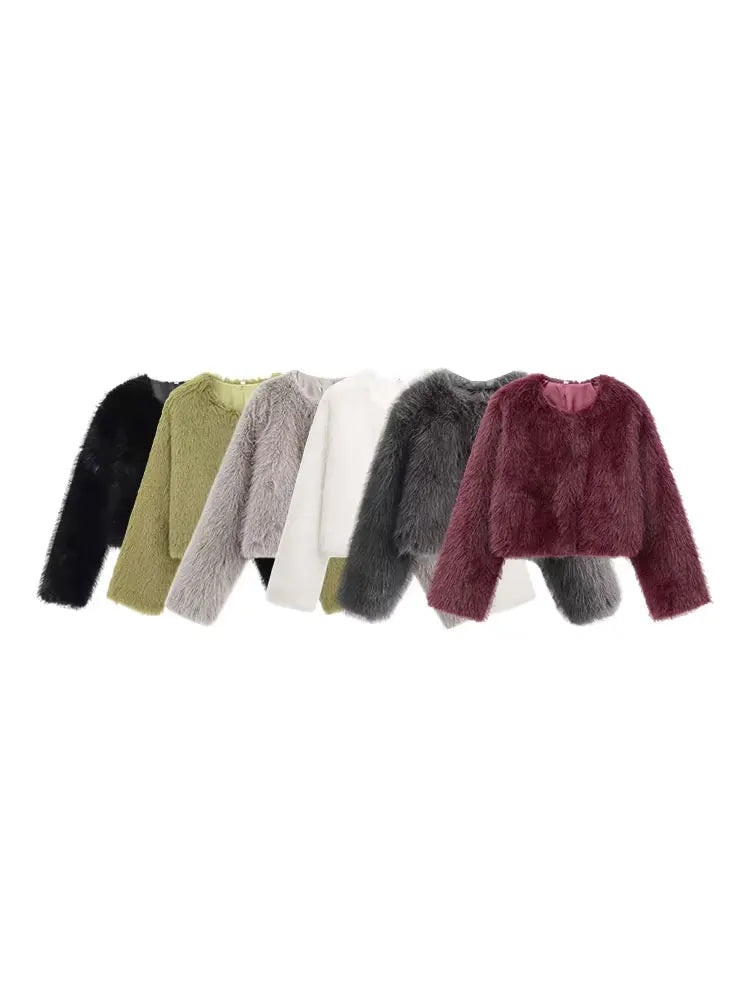 Women's Thick Warm Faux Fur Cropped Jacket, O Neck, Long Sleeve, Female Outerwear, Chic Tops, Fashion - Matrix Studios