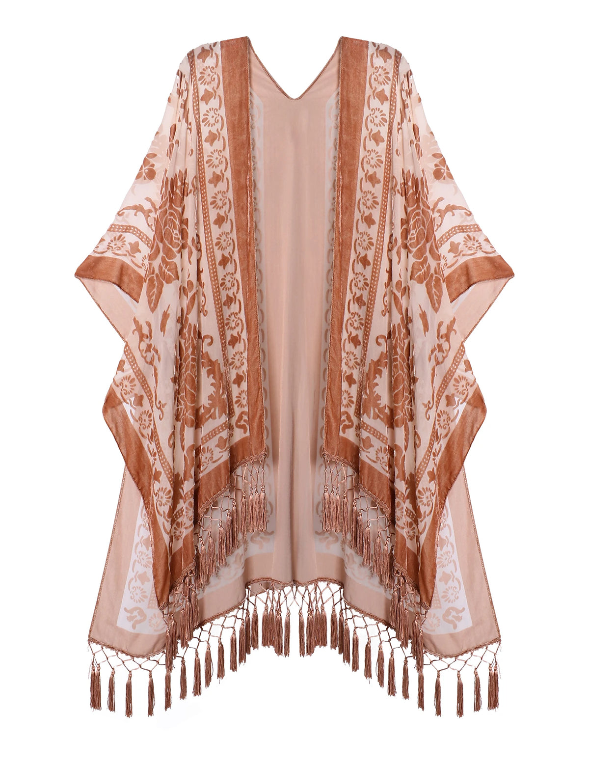 WeHello Burnout Velvet Kimono For Women Luxury Fashion Long Cardigan With Tassel Beach Cover-up Holiday Cardigan Shawl - Matrix Studios