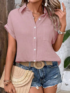 Women Casual Cotton Blouse Vintage Summer Short Sleeve Slim Shirt Elegant Turn Down Collar Solid Tunics Harajuku Streetwear Tops - Matrix-studios.com