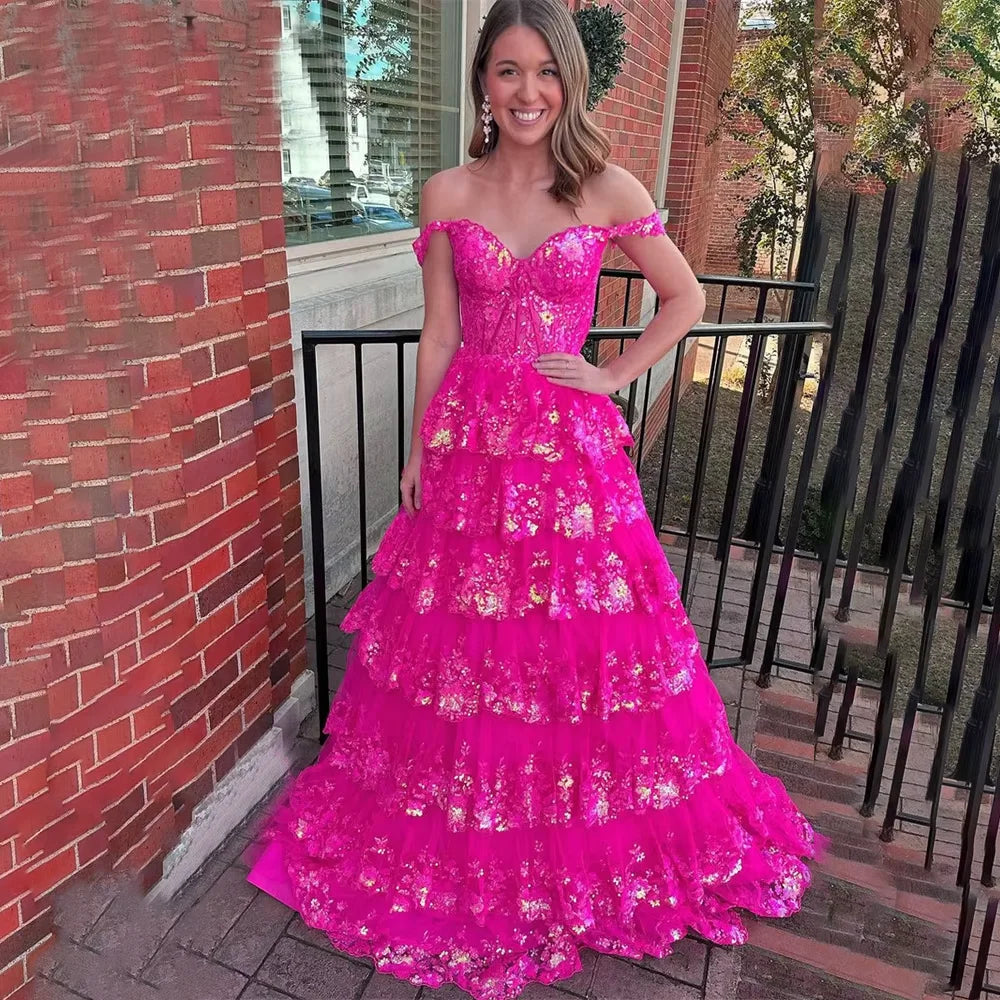 RFYR Puffy Gold Evening Dress Off  Shoulder Vestidos De Noche Sweetheart Layered Prom Dress Appliques Party Dress Customized - Matrix Studios
