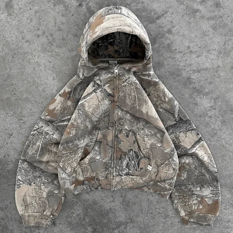 Y2K Retro Zip Up Hoodie Men Camouflage Pattern Zipper Sweatshirt High Street Hip Hop Streetwear Oversized Unisex Camo Hoodie - Matrix Studios