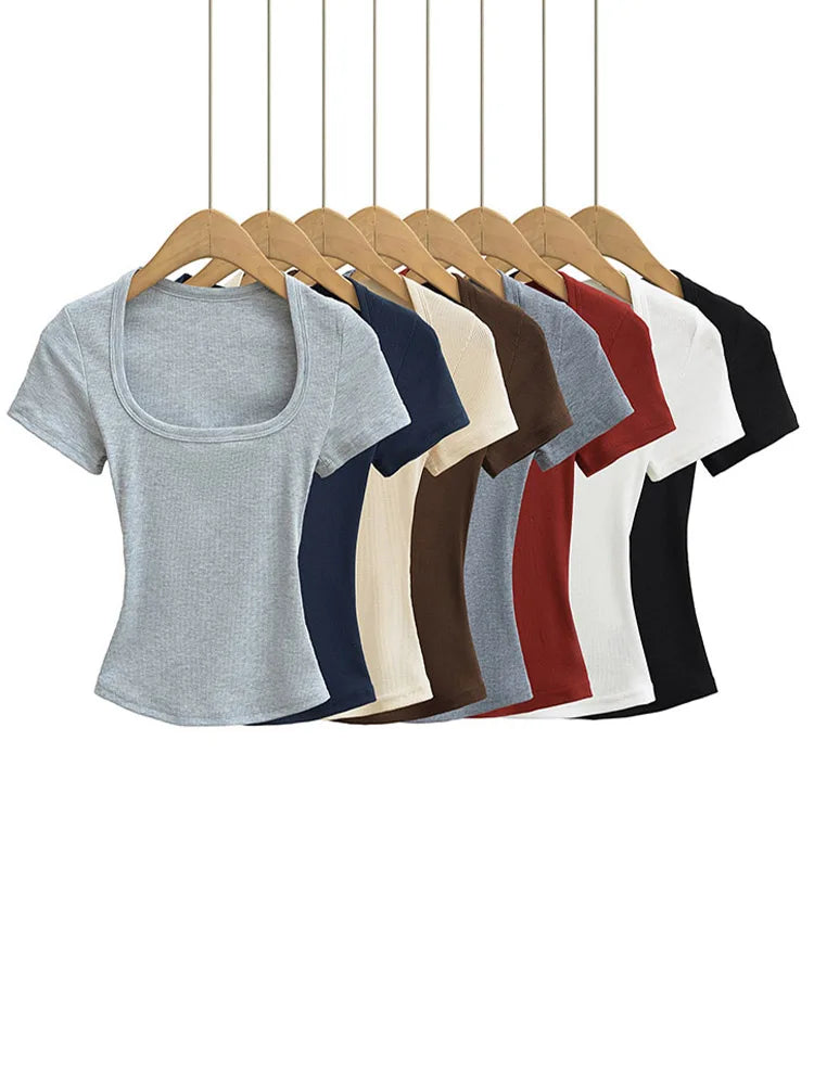 Square Collar High Stretch Summer Crop Tops Women Short Sleeve Tops Sexy Pullover Bottoming Blouses Slim T-shirt - Matrix-studios.com