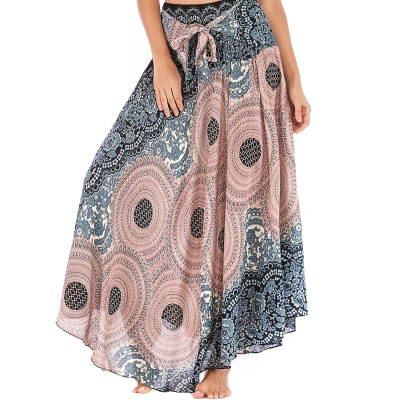 Boho Skirts Women Rayon Beach Long Dress Summer Bohemian Jupe Longue Femme Elastic Waist Print Floral Bandage Halter Hippie - Matrix Studios