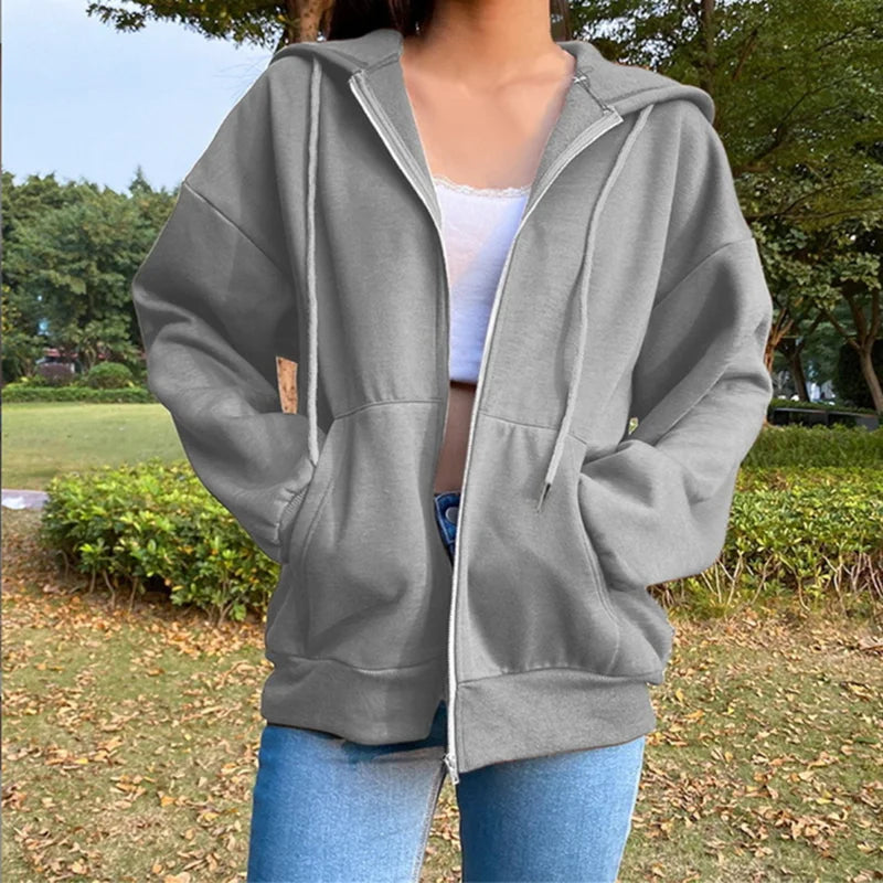 Autumn Fleece Hoodie Solid Color Hooded Korean Fashion Sweatshirts Long Sleeve Top Drawstring Pockets Loose Zipper Black Hoodies - Matrix Studios