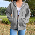 Autumn Fleece Hoodie Solid Color Hooded Korean Fashion Sweatshirts Long Sleeve Top Drawstring Pockets Loose Zipper Black Hoodies - Matrix Studios