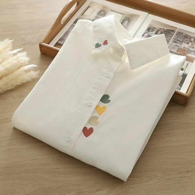 Women Spring Autumn Style Blouses Pure Cotton Shirts Lady Casual Long Sleeve Turn-down Collar Cartoon Embroidery Blusas Tops - Matrix-studios.com