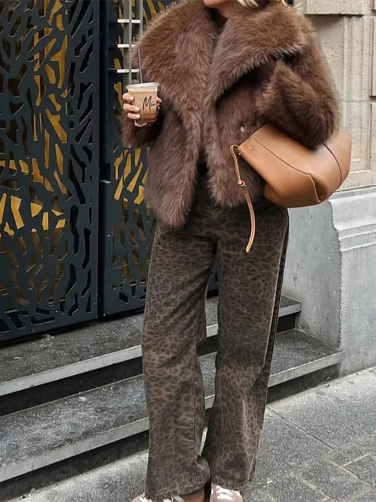 Brown Fluffy Fur Jacket Women's Casual Lapel Loose Long Sleeves Thicken Warm Short Coat 2025 Winter New Lady Commute Streetwear - Matrix Studios