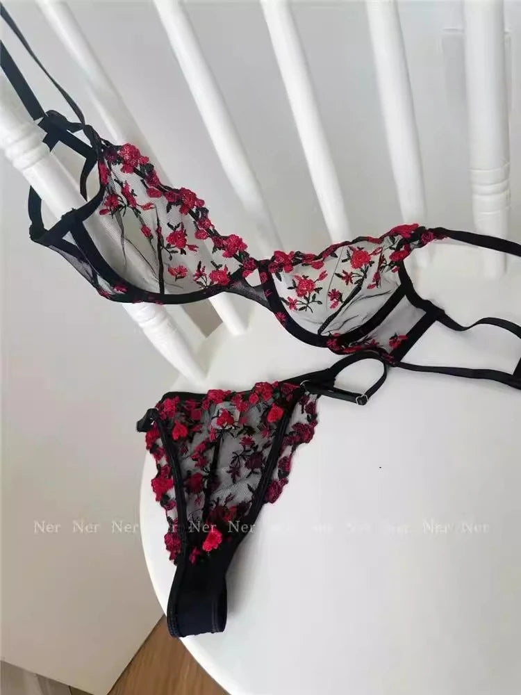 YUQI French Elegant Lingerie Set-Floral Embroidery Semi-Transparent Bra & Brief,Black Sensual Women's Underwear Luxury Intimates - Matrix-studios.com