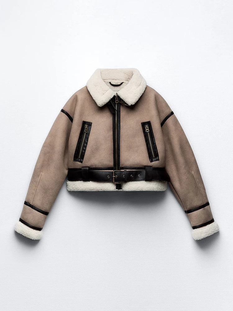 Ailegogo Streetwear Women Retro Loose Spliced Faux Leather Soft Fur Short Jacket Winter Female Zipper Belt Coat Vintage Outwear - Matrix Studios