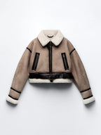 Ailegogo Streetwear Women Retro Loose Spliced Faux Leather Soft Fur Short Jacket Winter Female Zipper Belt Coat Vintage Outwear - Matrix Studios