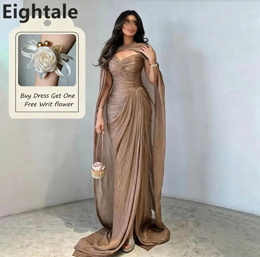 Eightale 2025 Brown Mermaid Maxi Evening Dress With Cape For Wedding Party Formal Prom Dress Dubai Party Gown Customized - Matrix Studios