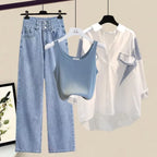 Women's 2026 Spring Summer New Fashion Striped Sunscreen Shirt+Vest+Jeans Suit Korean Elegant Cardigan+Denim Pants Matching Set