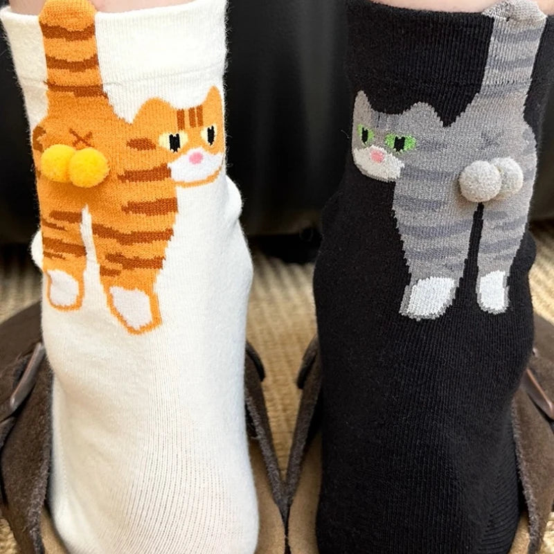 4pcs Funny Abstract 3D Cat Butt Mid-Tube Socks Cartoon Quirky Cotton Casual Socks Cat Egg Floor Sock for Cute Girls Couple Gifts - Matrix Studios