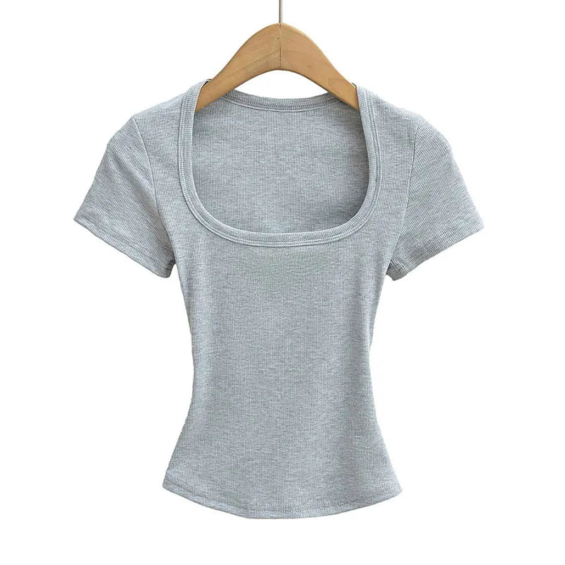 Summer square neck high elasticity crop top women's short sleeved sexy top slim fit pullover base shirt - Matrix-studios.com