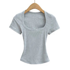 Summer square neck high elasticity crop top women's short sleeved sexy top slim fit pullover base shirt - Matrix-studios.com
