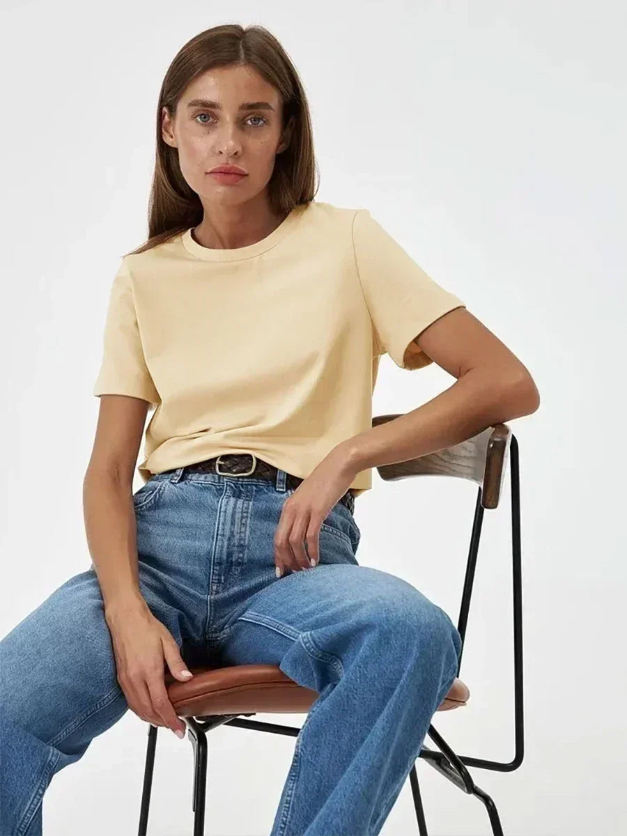 Bornladies Summer 100% Cotton Women's T-shirt Bottoming Basic Fashionable Solid Lady Short Sleeve Loose Tops Shirts 230g/㎡ Tops - Matrix-studios.com
