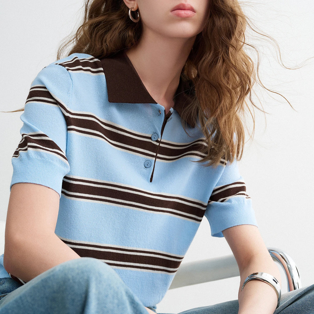 TOYOUTH Women Intellectual Striped Polo Shirt 2026 Spring New Lyocell Linen Breathable Comfort Knit Top - Matrix-studios.com