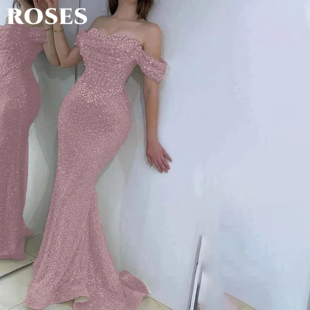 ROSES Pearl Gorgeous Prom Dress Sweetheart Off the Shoulder Hollow Prom Gown with Fishbone Shiny Sequins Formal Gown Customized - Matrix-studios.com