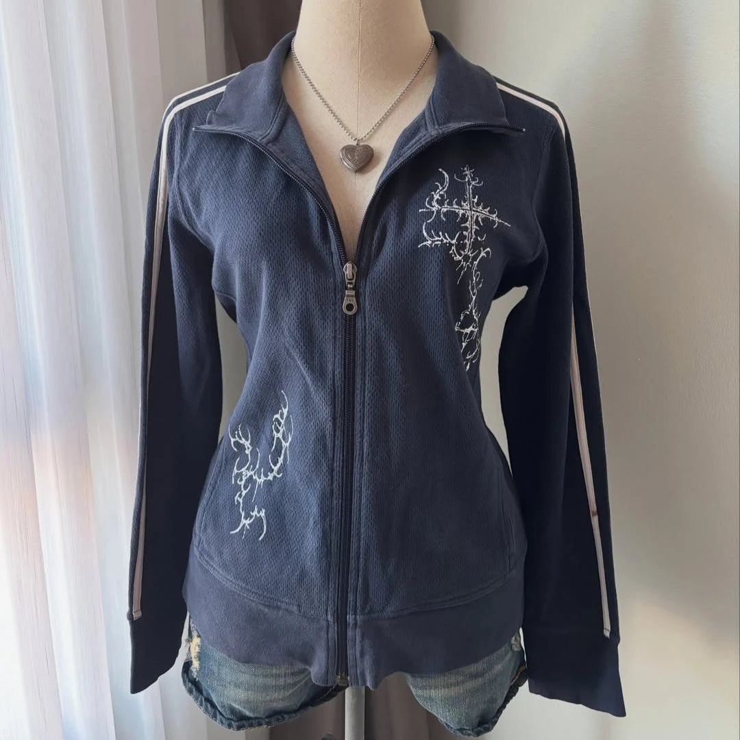 Y2K Striped Embroidered Jacket Harajuku Classic Retro Navy Blue Collared Zip Up Hoodie Goth Geometric Print Slim Fit Sweatshirt - Matrix Studios