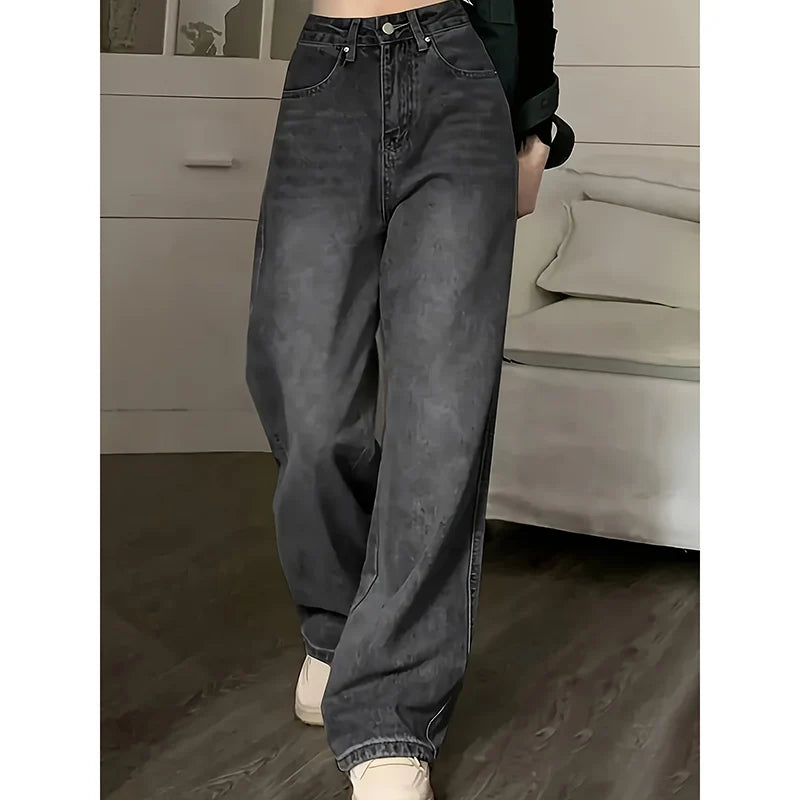 Women Fashion Loose Jeans Female High Waist Streetwear Designer Wide Leg Trousers Female Classic Gray Goth Straight Leg Pants - Matrix-studios.com