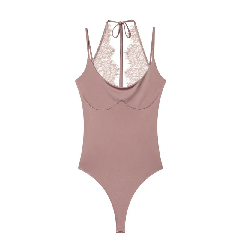 Women's Bodysuit 2026 New Fashion Summer Black Spliced Lace Bodysuit for Women Elegant Chic Personality Spaghetti Strap Bodysuit - Matrix Studios