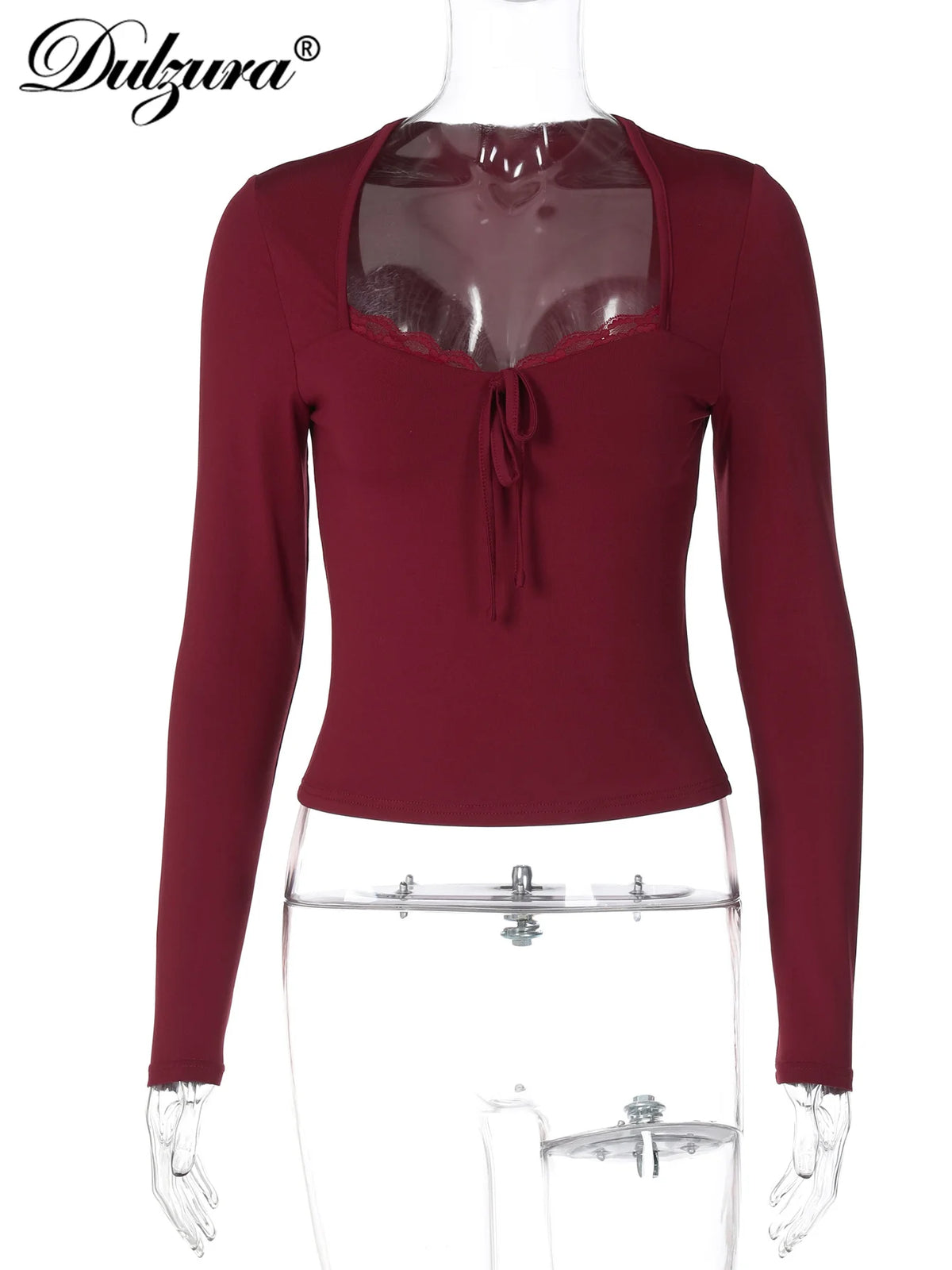 Dulzura 2025 Autumn Latest Fashion Sexy Square Collar Long Sleeve Slim Lace Up Lace Ruffles Patchwork T-Shirt Party Club Clothes - Matrix-studios.com