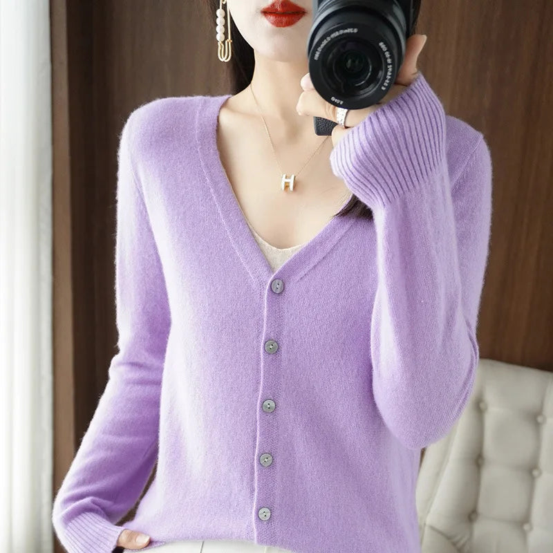 Cardigans Women 2025 Autumn Single Breasted V-neck Knitted Sweater Fashion Short Knitwear Solid Blue Green Pink Women's Jumpers - Matrix Studios