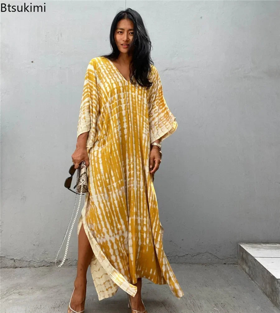 2026 Summer Bohemian Striped Print Women Beach Dress Bathing Suit Cover Up Summer Tunic for Woman Beachwear Robe De Plage Kaftan - Matrix Studios