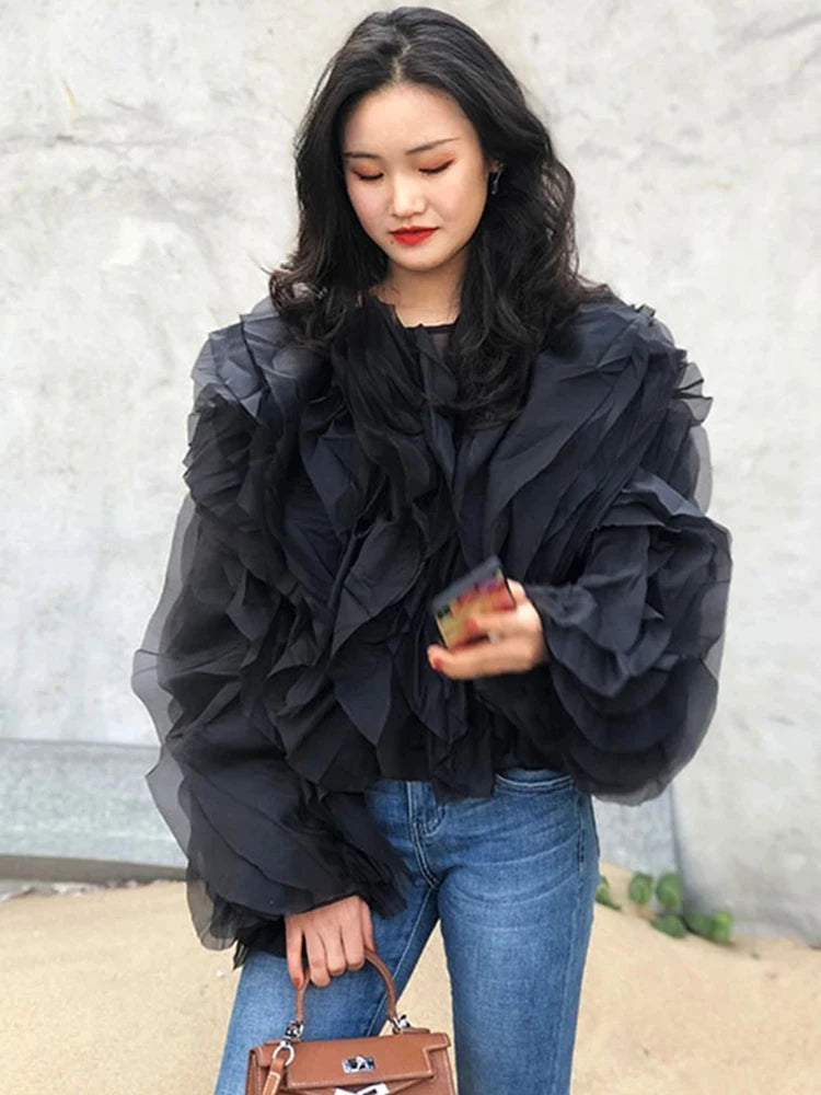 TWOTWINSTYLE Elegant Patchwork Ruffles Chiffon Blouses Women O Neck Lantern Long Sleeve Loose Shirt Female Clothing Fashion - Matrix-studios.com