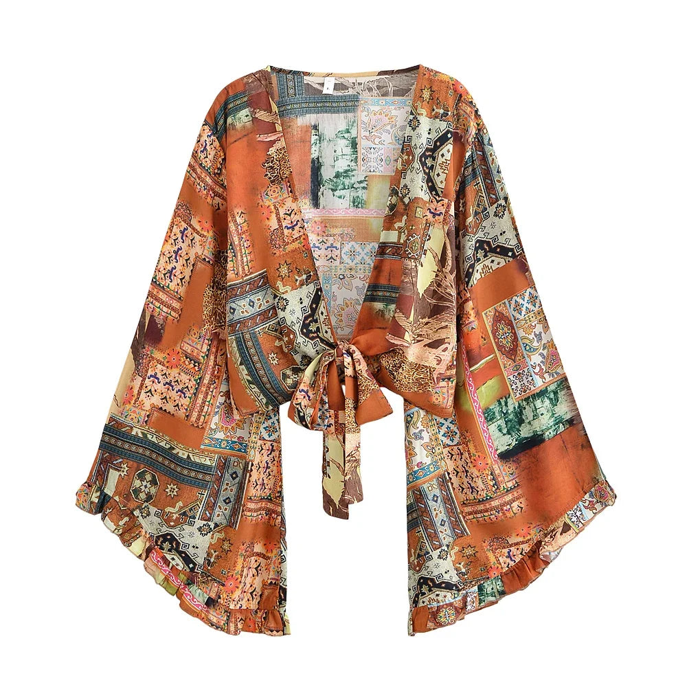 Boho Queens Sun Flower Beach Summer Short Kimono Women 2025 Ruffles Flare Sleeves Vacation Bohemian Bikini Cover-ups - Matrix Studios