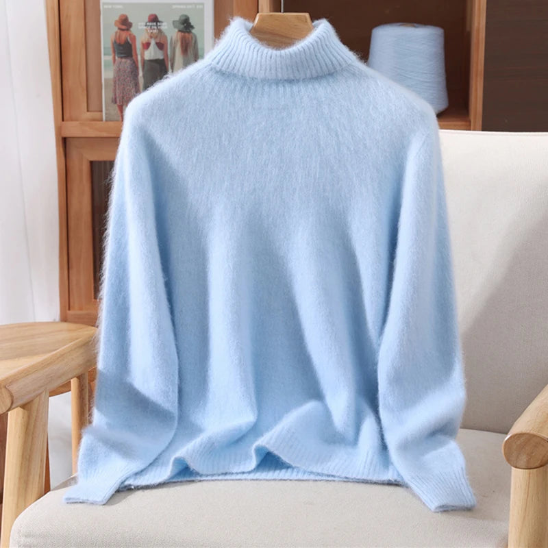 Autumn And Winter New 100% Mink Cashmere Sweater Ladies' High Lapel Solid Color Padded Pullover Wool Knitted Bottoming Shirt - Matrix Studios