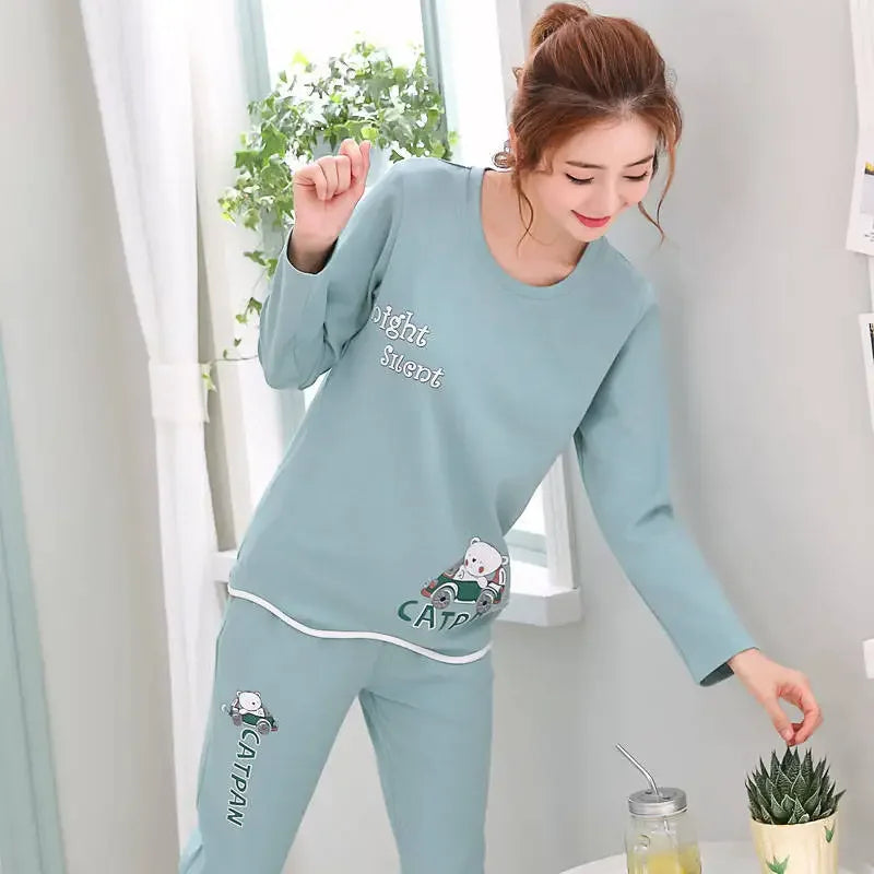 Autumn Thin 2pieces Pyjamas Set Women 2025 Round Neck Girls Bear Pajamas Sets Teacup Cat Full Sleepwear Tops lovers Pajama Mujer - Matrix-studios.com