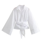 New Women's Fashion Casual Polo Neck Bow Tie up Short Edition Double Breasted Poplin Shirt - Matrix-studios.com