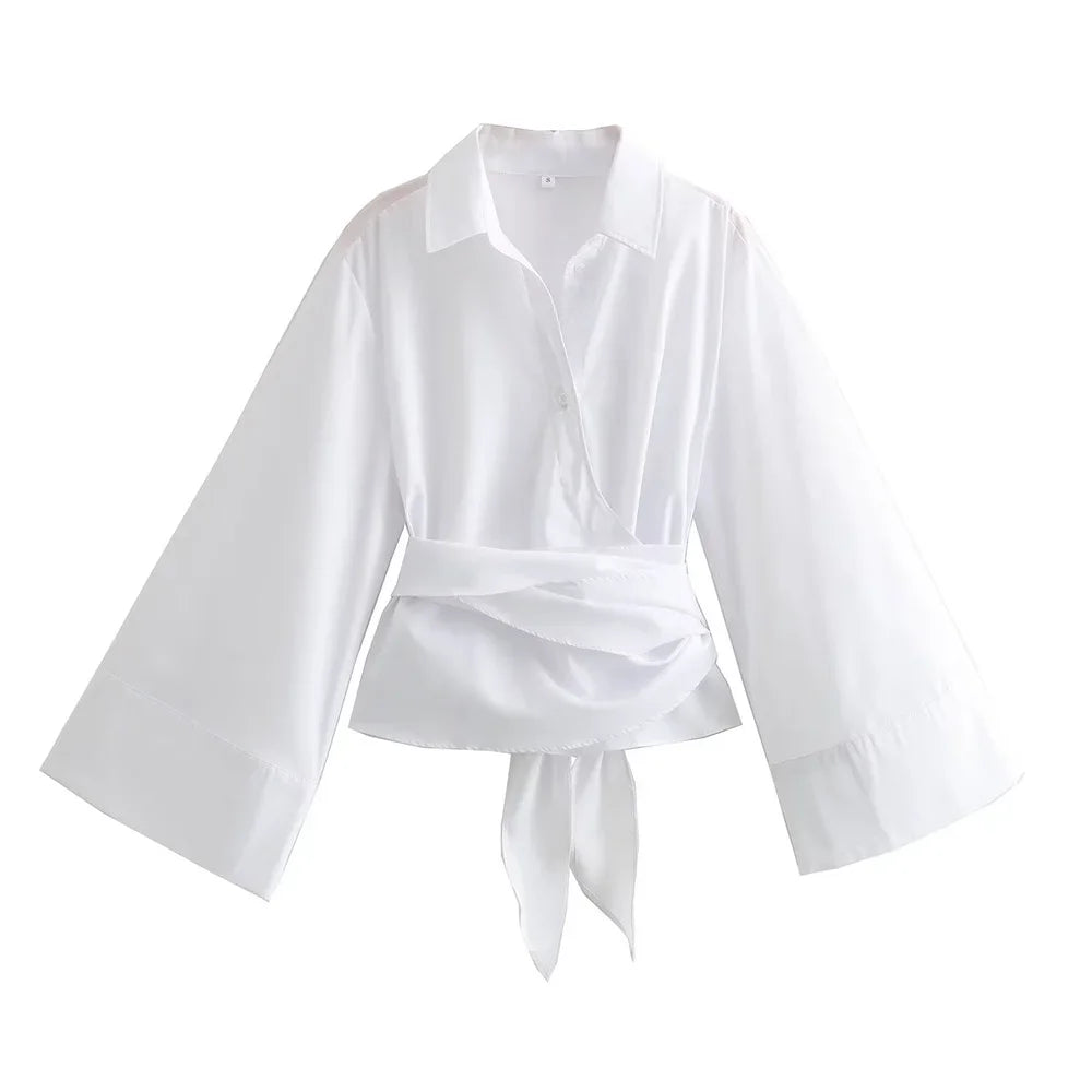 New Women's Fashion Casual Polo Neck Bow Tie up Short Edition Double Breasted Poplin Shirt - Matrix-studios.com