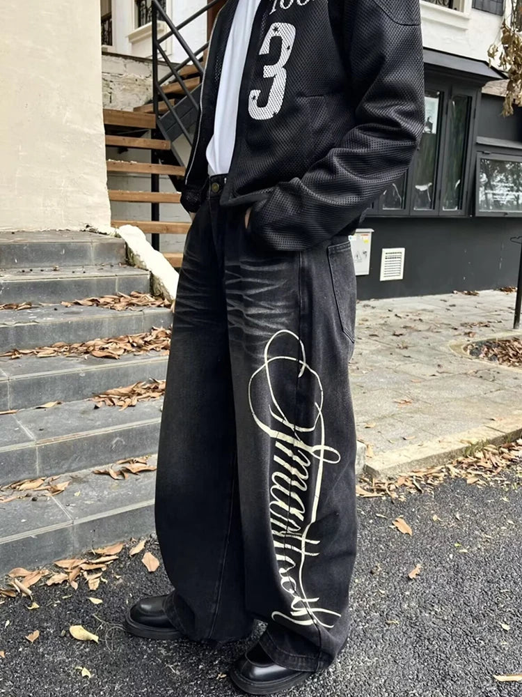 Autumn Men's Letter Printed Straight-Leg Baggy Jeans Hip Hop Fashion Washed Denim Pantalones American Retro Y2K Streetwear Jean - Matrix Studios