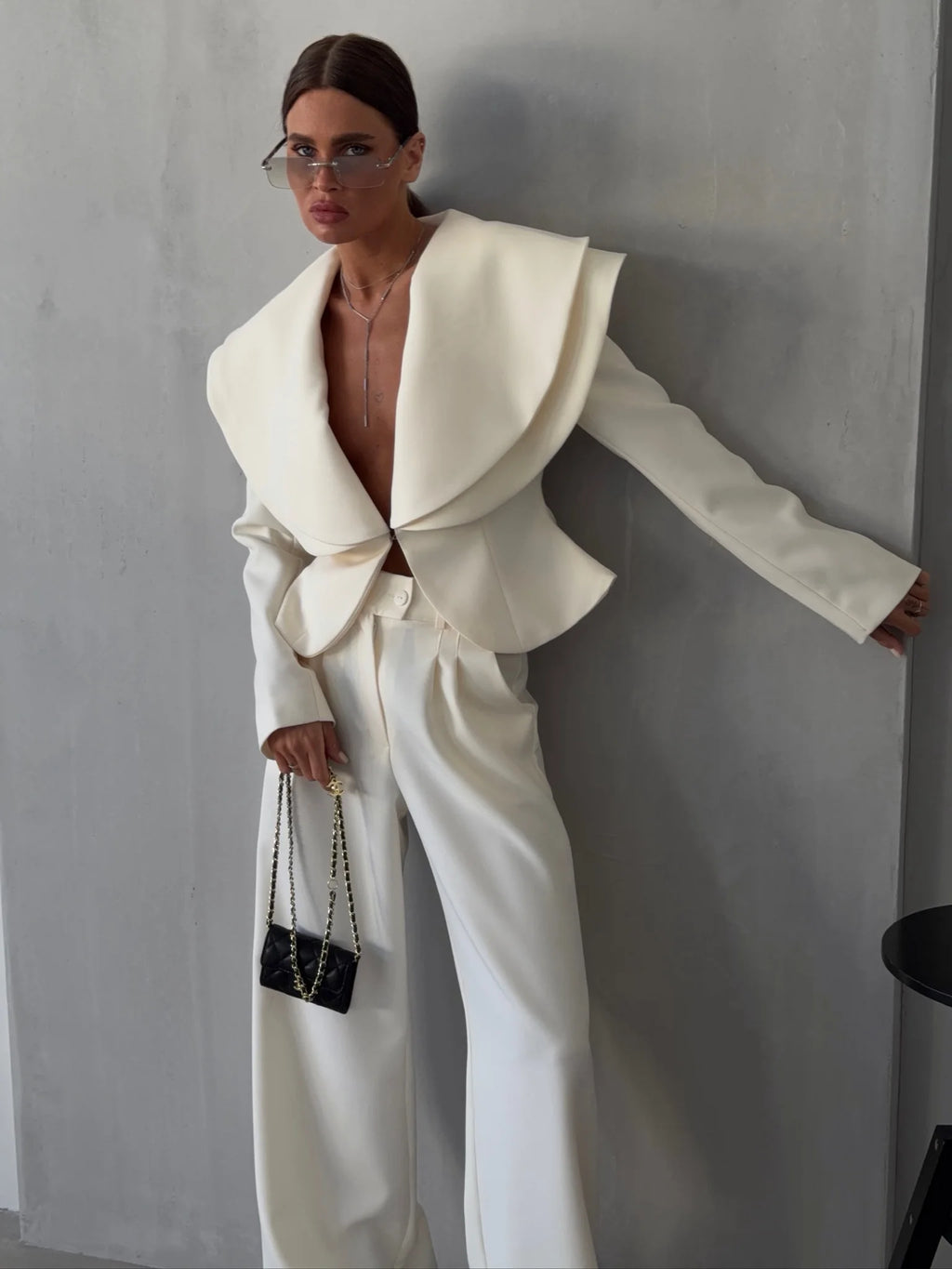 Laur 2026 Oversized Double Layer Lapel Cropped Blazer Two Piece Set High Waist Wide Leg Trousers Elegant Formal Matching Outfit - Matrix-studios.com