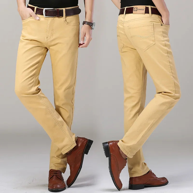 Men's Jeans Pure White Fashion Elastic Slim Youth Slimming Straight Leg Male Pants Business Casual Middle Age High End Trousers - Matrix Studios