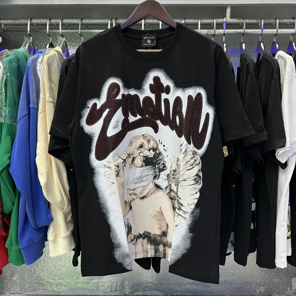 MIXED EMOTION Shirt Rhinestone Short Sleeve Men Women T-shirt Streetwear 100% Cotton Loose Round Neck Top Tees Oversized Tee Top - Matrix Studios