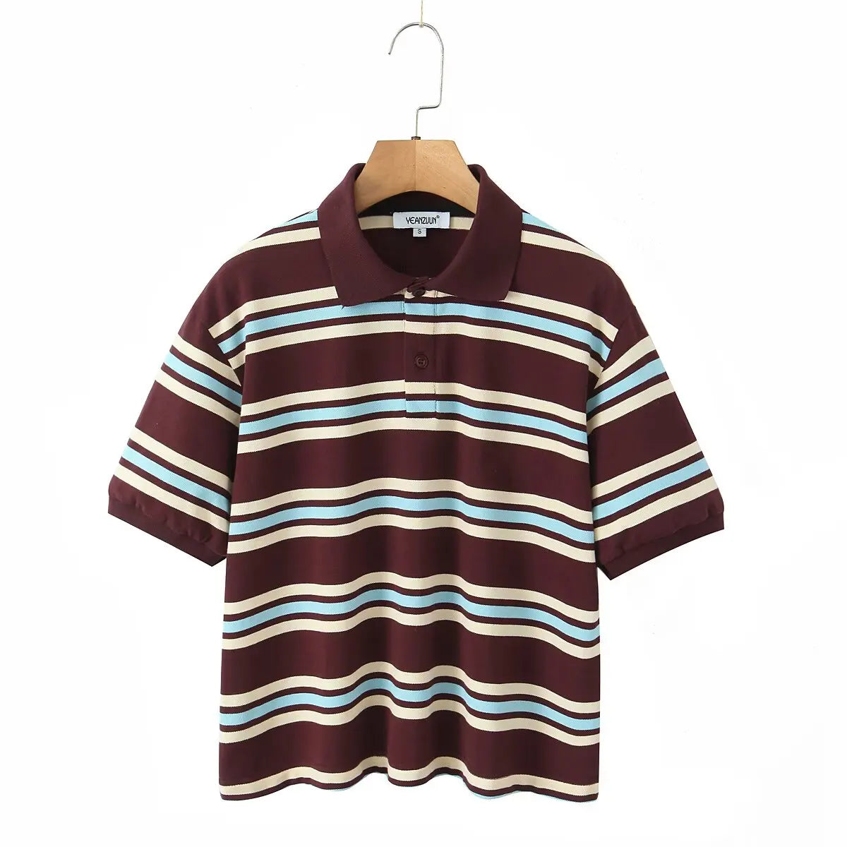 2025 Summer Ladies Polo Shirts Woman Long Sleeve Crop Top Striped Vintage Clothes Polo Shirts Mujer Streetwear Casual Tops Brown - Matrix-studios.com