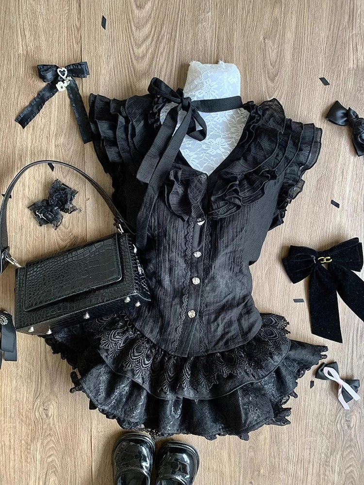 Japanese Sweet Preppy Style 2 Piece Set Women Kawaii Lace Patchwork Bow Tops + Y2k Plaid Mini Skirt Elegant Fashion Outifits New - Matrix-studios.com