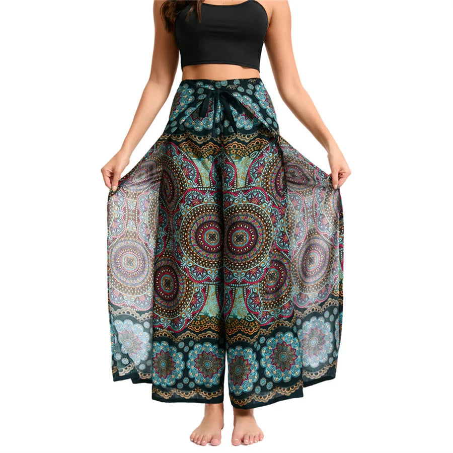 Women's Boho Palazzo Pants Wide Leg Yoga Wrap Tie Up Waistband Beach Cover Up Trousers Rayon Soft Breathable Loose Pants - Matrix Studios