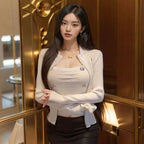 Fall Fashion Geometric Jacquard Knitted Set Women Fashion Button Zipper Cardigan+Camisole Top Office Lady Wool Knitwear Suit - Matrix Studios
