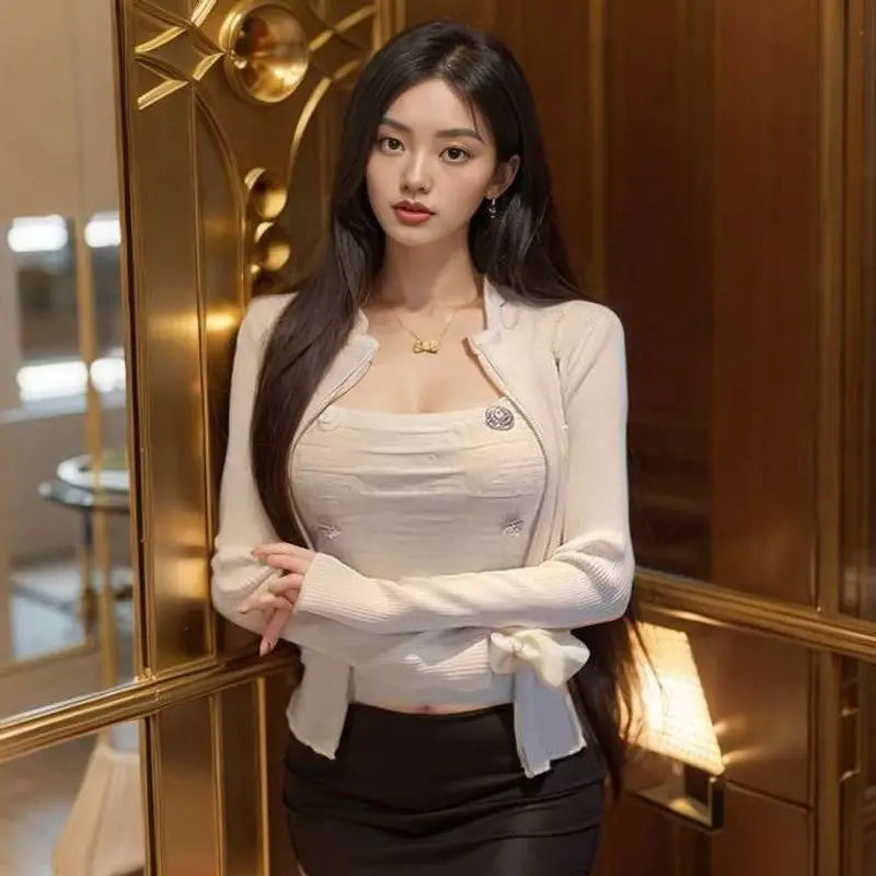 Fall Fashion Geometric Jacquard Knitted Set Women Fashion Button Zipper Cardigan+Camisole Top Office Lady Wool Knitwear Suit - Matrix Studios