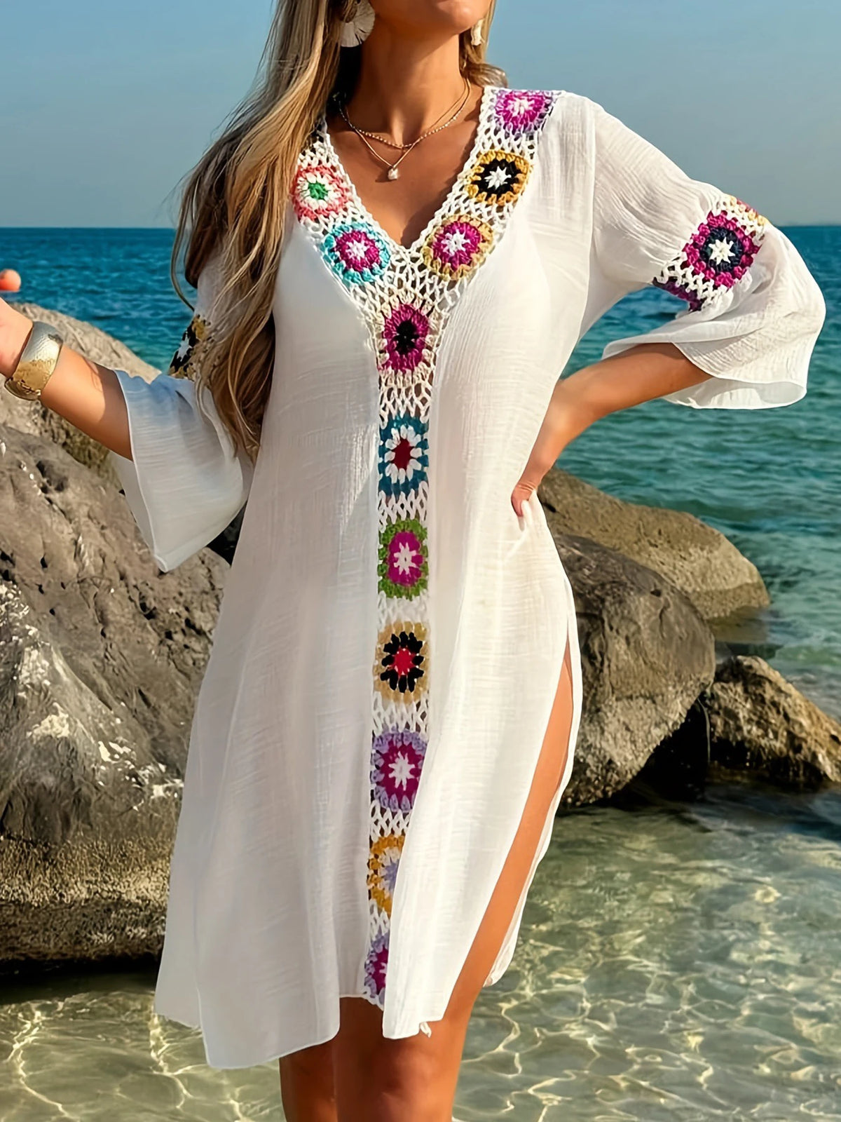 Fashion Style Hand Crochet Flower Block Beachwear Cover Up Beach Holiday Casual See-Through Dress Breathable Sunscreen Smock - Matrix Studios