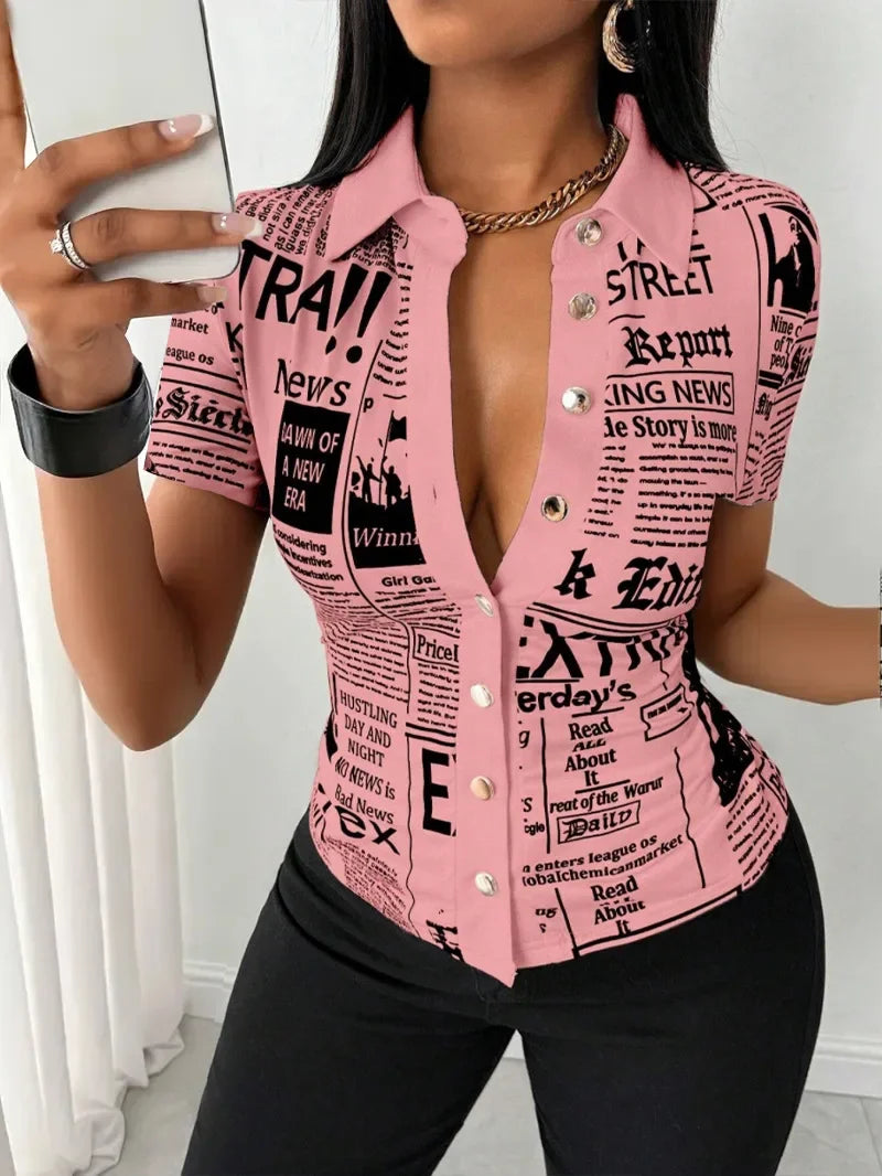 Women's Elegant Blouses Summer Fashion Newspaper Pattern Print Single Breasted Short Sleeve Women Shirt V-neck Casual Tops Shirt - Matrix-studios.com